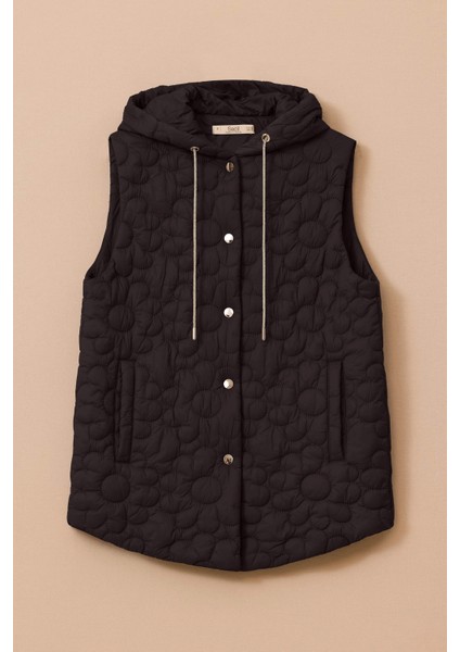 Kadın Kapüşonlu Desenli Cepli Yelek - Siyah fırsatları