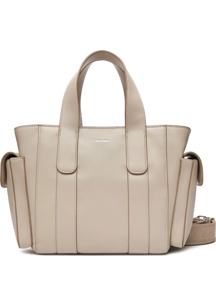 Kadın Yanları Cepli Çıkarılabilir Askılı Tote El Çanta - Ekru