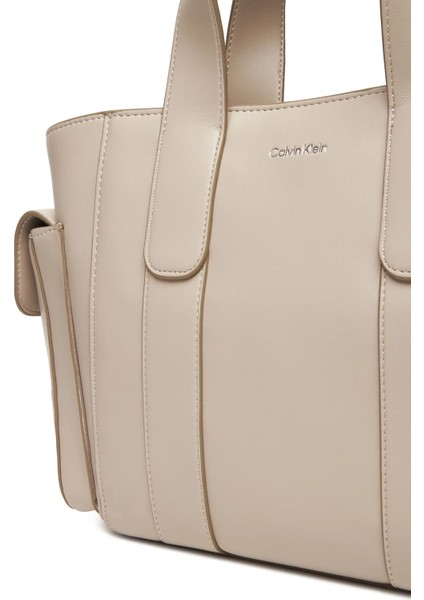 Kadın Yanları Cepli Çıkarılabilir Askılı Tote El Çanta - Ekru fırsatları