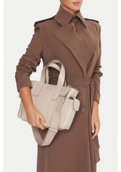 Kadın Yanları Cepli Çıkarılabilir Askılı Tote El Çanta - Ekru