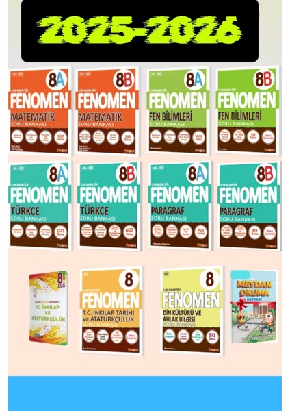 Fenomen 8. Sınıf Matematik - Fen Bilimleri - Türkçe - Paragraf - Inkılap - Din (A ve B) Set Soru Bankaları