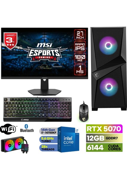 Msı-Şafak-Gaming Pc DDR5-27”180HZ 1ms-rtx 5070 12GB – Intel I7 14700KF – 32GB-64GB Ddr5 Ram-1tb M.2 Ssd– Klavye Mouse – Sıvı Sogutma