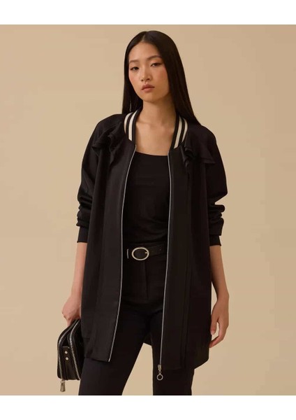 Kadın Fırfır Detaylı Fermuarlı Ceket - Siyah