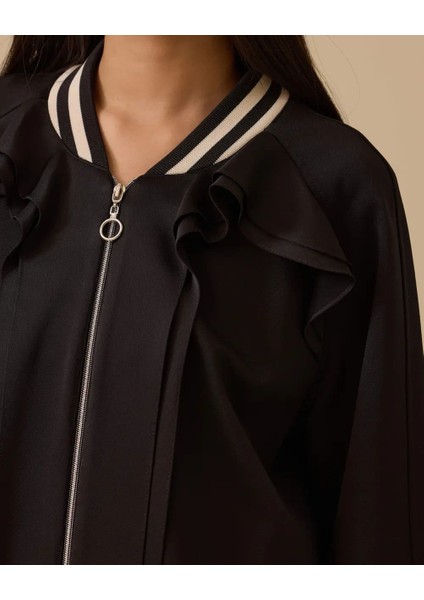 Kadın Fırfır Detaylı Fermuarlı Ceket - Siyah indirimleri