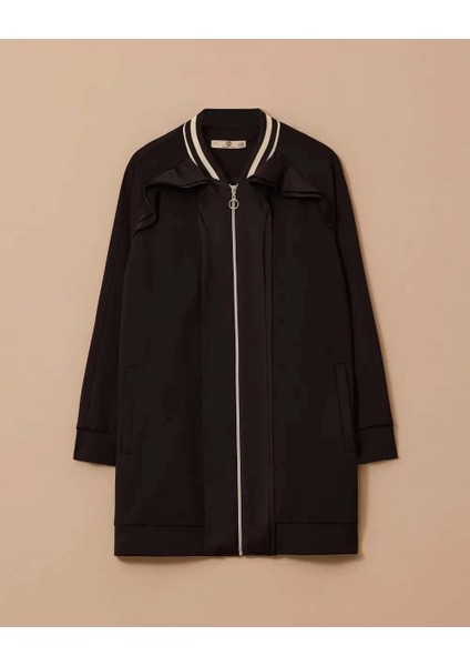 Kadın Fırfır Detaylı Fermuarlı Ceket - Siyah