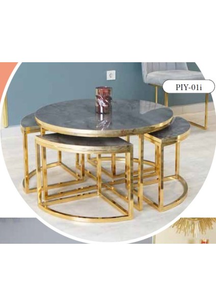 Mim Antrasit - Gold Yuvarlak 4+1 Pizza Orta Sehpa