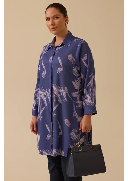 Kadın Büyük Beden Desenli Uzun Kollu Gömlek - Lila