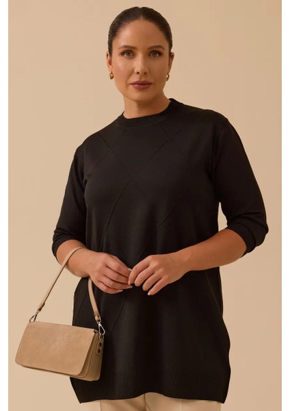 Kadın Büyük Beden Desenli Basic Triko Tunik - Siyah