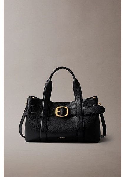 Kadın Tokalı Çıkarılabilir Askılı Mini Tote El Çantası - Siyah