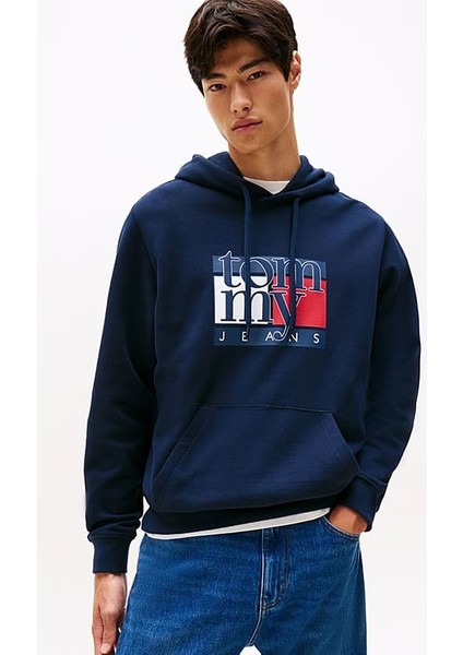 Erkek Logo Baskılı Kapüşonlu Sweatshirt – Lacivert