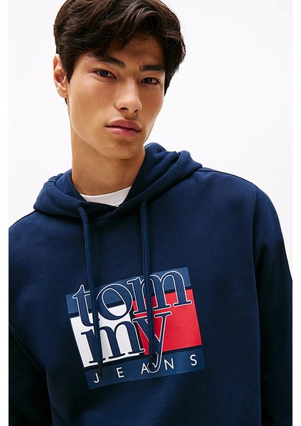 Erkek Logo Baskılı Kapüşonlu Sweatshirt – Lacivert fırsatları