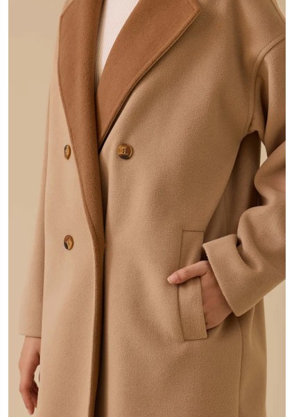 Kadın Düğmeli Kruvaze Kaşa Kaban - Bej fırsatları