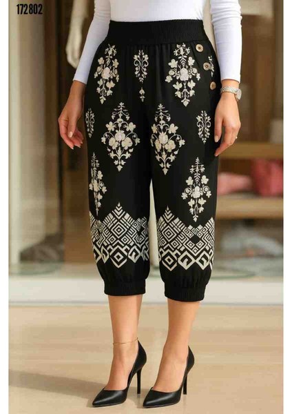 Kadın Beli Lastikli Etnik Desenli Kapri Süprem Pantolon, Kırmızı Gül Figürlü Kolye Hediye