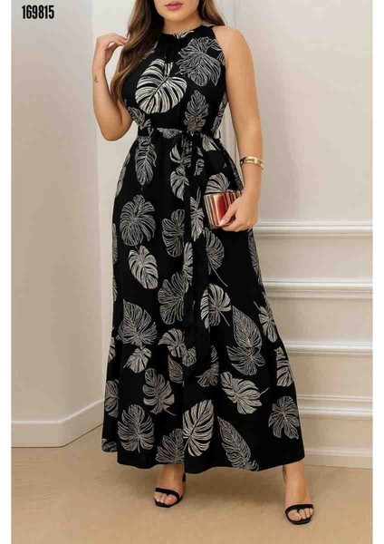 Kadın Sıfır Kol Bağcıklı Kemerli Etek Ucu Fırfırlı Desenli Süprem Elbise, Kırmızı Gül Figürlü Kolye Hediye