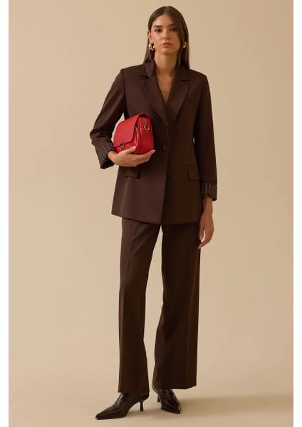 Kadın Çizgi Detaylı Tek Düğmeli Ceket - Kahverengi modelleri