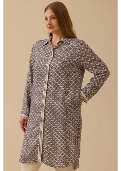 Kadın Büyük Beden Desenli Uzun Tunik - Mavi