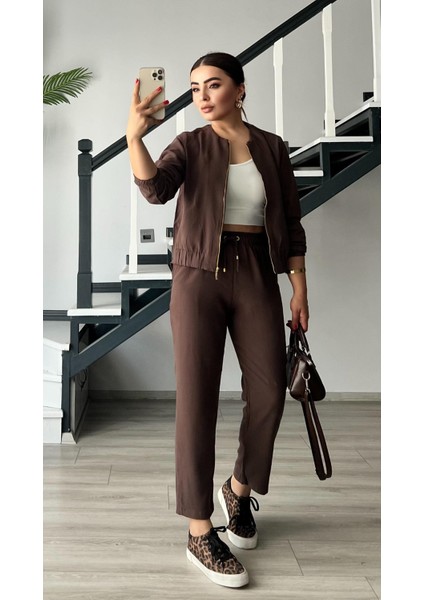 Kahve Fermuarlı Ceket-Pantolon Tensl Kumaş Takım