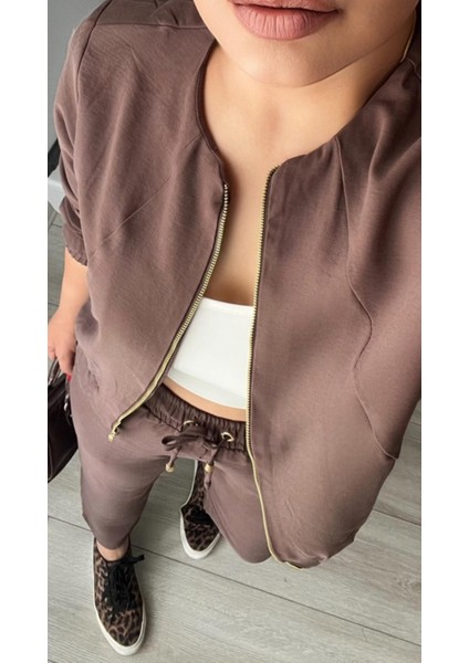 Kahve Fermuarlı Ceket-Pantolon Tensl Kumaş Takım modelleri