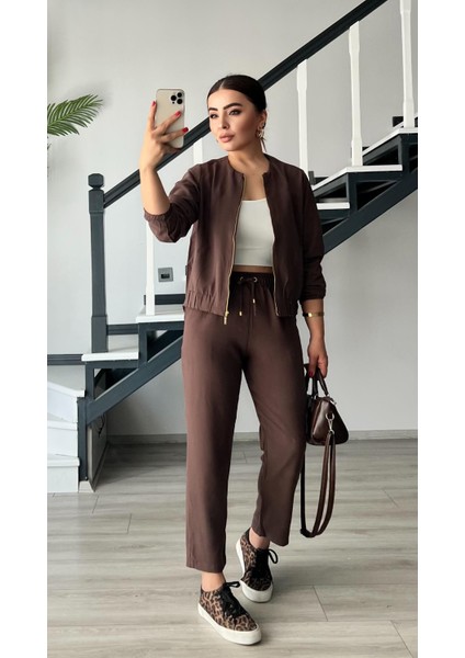 Kahve Fermuarlı Ceket-Pantolon Tensl Kumaş Takım fırsatları