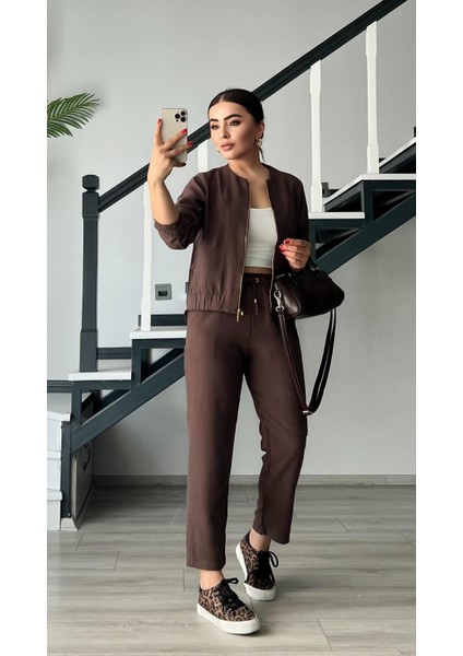 Kahve Fermuarlı Ceket-Pantolon Tensl Kumaş Takım indirimleri