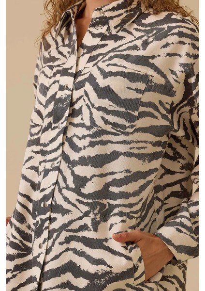 Kadın Zebra Desenli Cep Detaylı Gömlek - Siyah indirimleri
