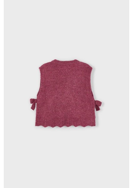 Kız Çocuk Yanları Fiyonklu Saç Örgüsü Desenli Triko Süveter - Vişne fiyatları