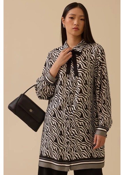 Kadın Zebra Desenli Bağlama Detaylı Tunik - Siyah