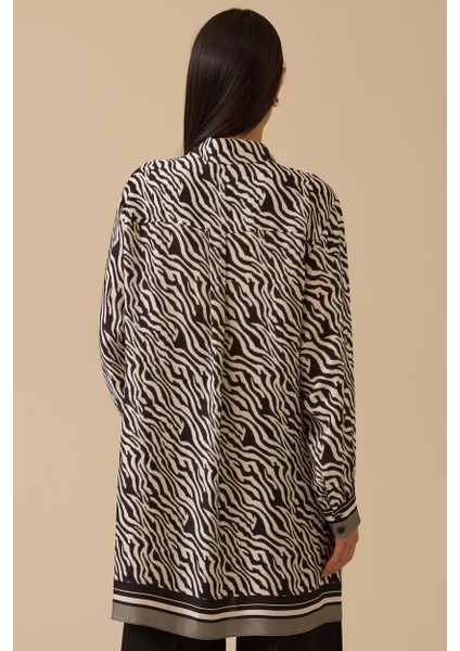 Kadın Zebra Desenli Bağlama Detaylı Tunik - Siyah fiyatları