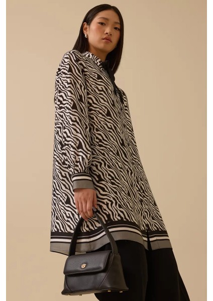Kadın Zebra Desenli Bağlama Detaylı Tunik - Siyah modelleri