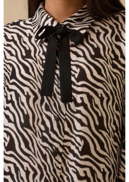 Kadın Zebra Desenli Bağlama Detaylı Tunik - Siyah fırsatları
