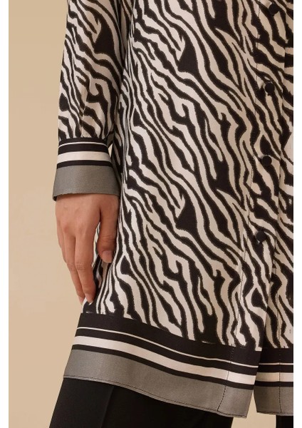 Kadın Zebra Desenli Bağlama Detaylı Tunik - Siyah indirimleri