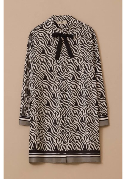 Kadın Zebra Desenli Bağlama Detaylı Tunik - Siyah