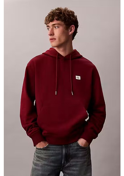 Erkek Regular Fit Logo Yamalı Kapüşonlu Sweatshirt - Bordo