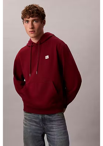 Erkek Regular Fit Logo Yamalı Kapüşonlu Sweatshirt - Bordo