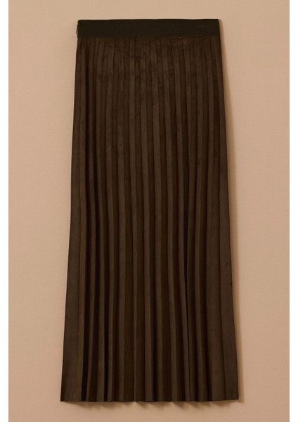 Kadın Beli Lastikli Pliseli Süet Görünümlü Maksi Etek - Haki