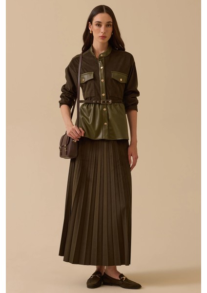 Kadın Beli Lastikli Pliseli Süet Görünümlü Maksi Etek - Haki fiyatları