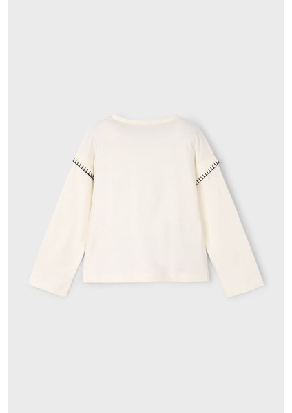 Kız Çocuk Omuzu Dikiş Detaylı Ayı Baskılı Uzun Kollu T-Shirt - Krem fiyatları