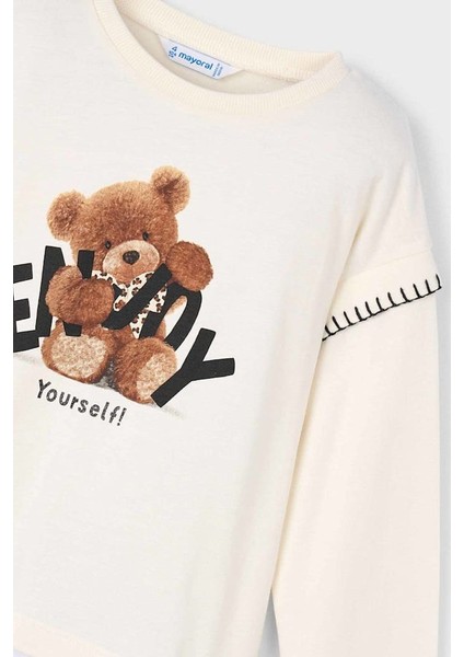 Kız Çocuk Omuzu Dikiş Detaylı Ayı Baskılı Uzun Kollu T-Shirt - Krem modelleri