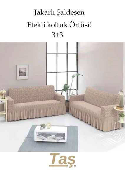 Şal Desen Jakarlı Koltuk, Kanepe, Çekyat Örtüsü, Likralı, Etekli, Koltuk Kılıfı 3+3 (Iki Adet)