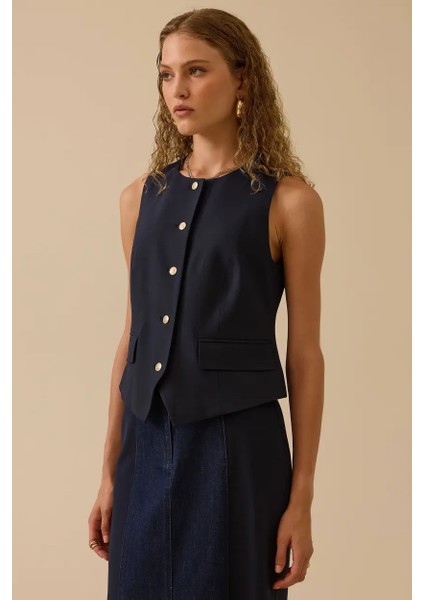 Kadın Düğme Detaylı Klasik Yelek - Lacivert