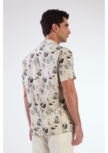 Yeşil Erkek Regular Fit Çizgili Apaç Yaka Kısa Kol Gömlek - 104895