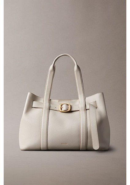 Kadın Tokalı Dokulu Orta Boy Tote Omuz Çanta - Krem