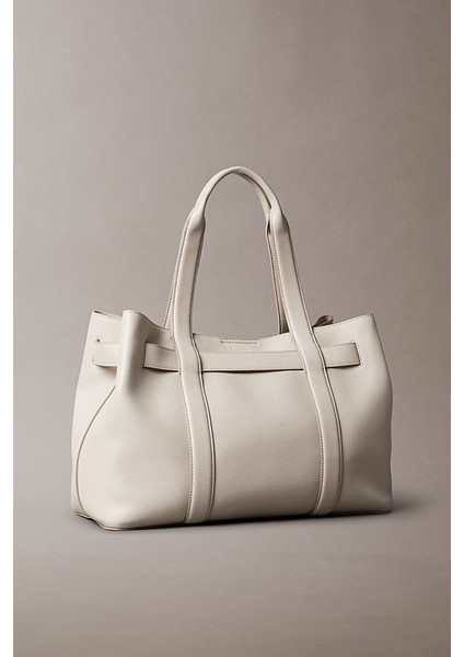 Kadın Tokalı Dokulu Orta Boy Tote Omuz Çanta - Krem fiyatları