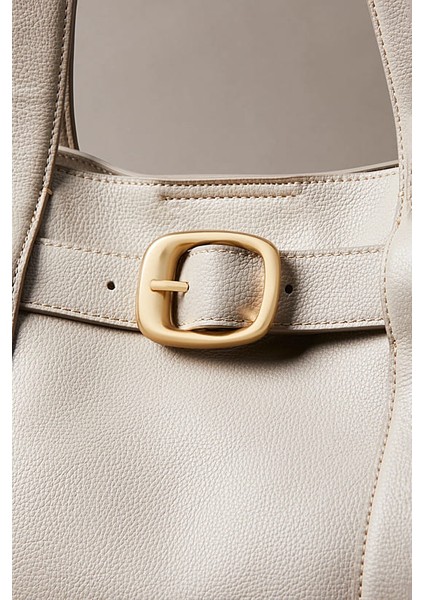 Kadın Tokalı Dokulu Orta Boy Tote Omuz Çanta - Krem fırsatları