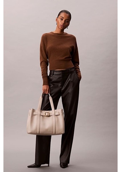 Kadın Tokalı Dokulu Orta Boy Tote Omuz Çanta - Krem indirimleri