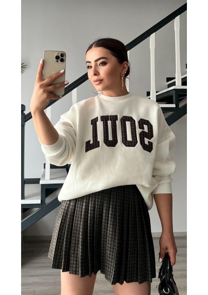 Ekru Soul Nakışlı 3 Iplik Sweatshirt