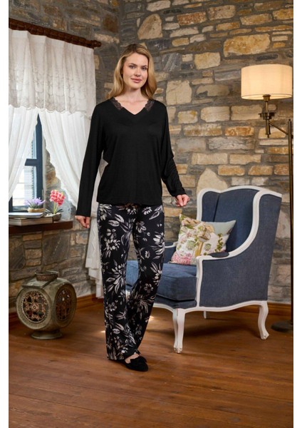 Kadın Siyah Uzun Kollu Pijama Takımı 26288 fiyatları