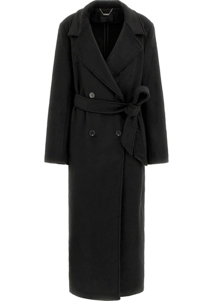 Kadın Lorenza Kuşaklı Kruvaze Yaka Uzun Kaban - Siyah