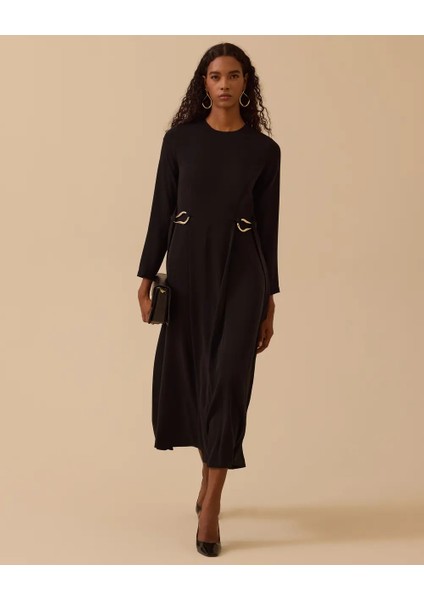 Kadın A Kesim Beli Metal Aksesuarlı Maksi Elbise - Siyah modelleri