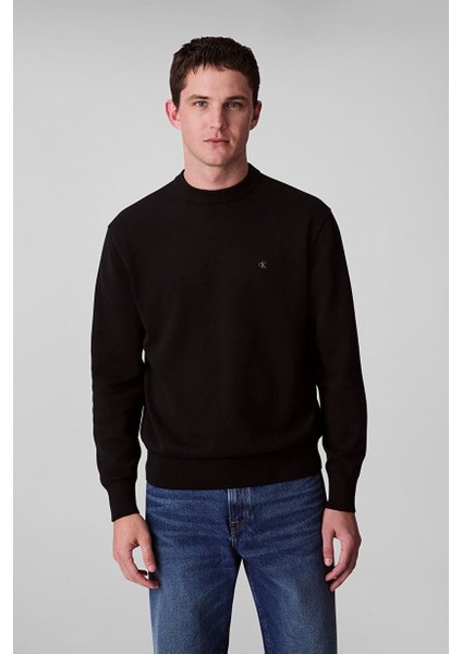 Erkek Regular Fit Monogram Nakışlı Kazak - Siyah